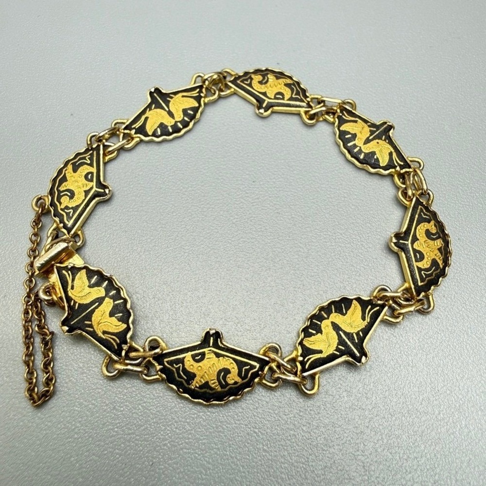 Vintage Damascene Fan Link Bracelet with Safety Chain 7" Birds Starfish